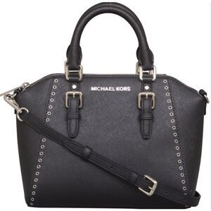 Michael Kors Mercer Gallery Medium Satchel Black Leather Eyelet Trim Crossbody
